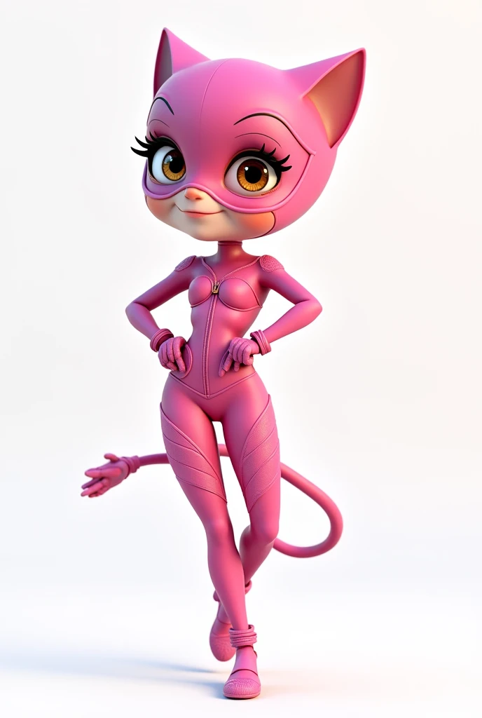 create a 3D disney pixar female character, dressed as catwoman, pink costume, charming brown eyes, multiplos ângulos, white background