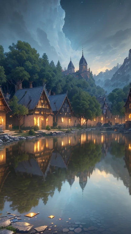 village. (masterpiece, top quality, Best quality, official art, beautiful and aesthetically pleasing:1.2), extremely detailed,(fractal art:1.2),colorful,The most detailed, (Many colors:1.4). ((split. elegance. photorealism. unreal engine. 3D model. Ultra high quality textures. high detail. permission 8k))