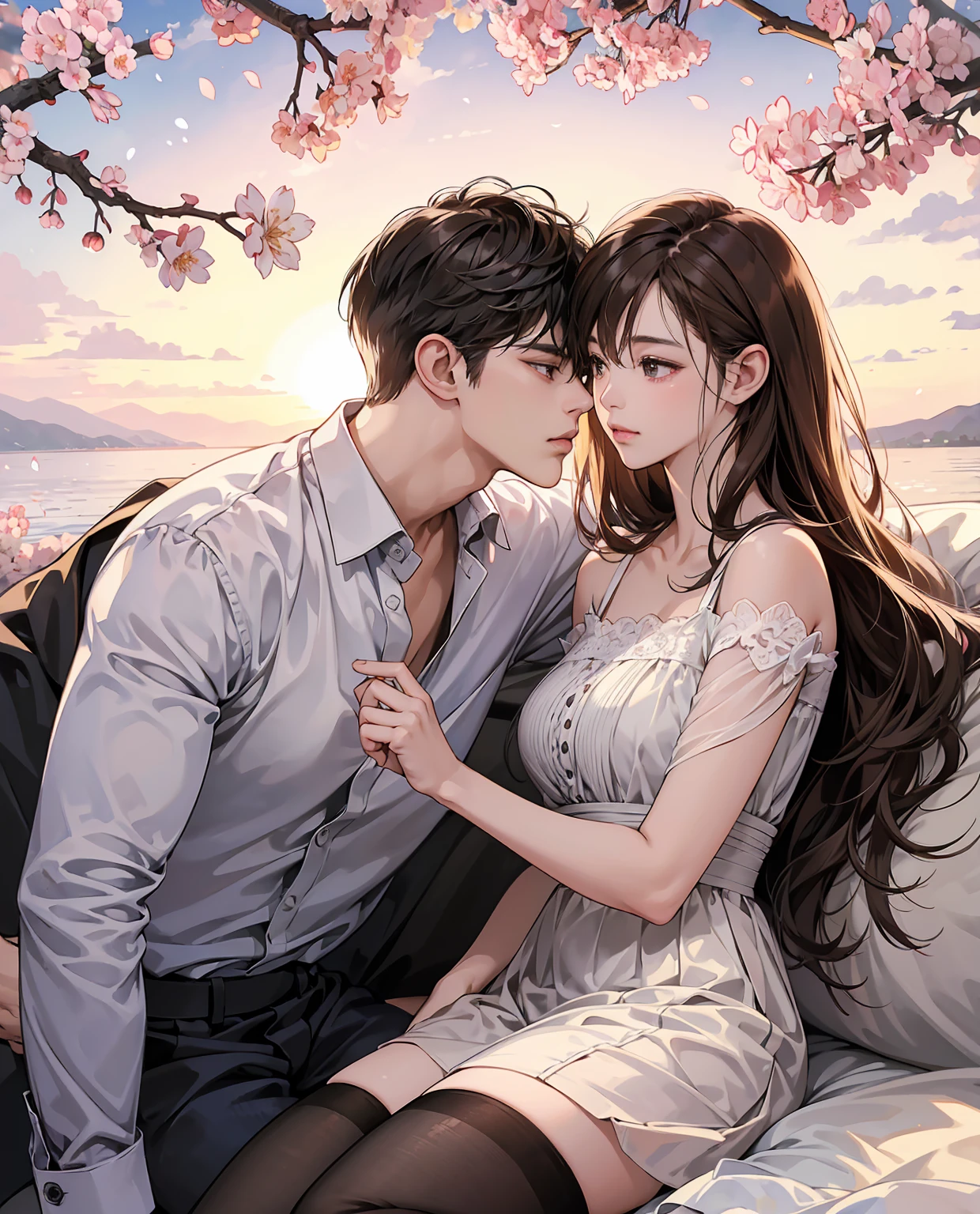 (masutepiece, Digital Art, Digital Illustration, 4K, 8K, Ultra-detailed, beautiful image, Sharp Image, Photorealistic, Raw photo, Perfect face, Perfect lines, Perfect eyes, Soft lighting) , a couple, 1 girl 1 boy, Hair color is different, Medium brown hair and brown eyes, Short black hair and gray eyes, Romance, Lie on the ground, See the cherry blossoms、the kiss、Kissing、couple kissing、a couple、Lip touch
