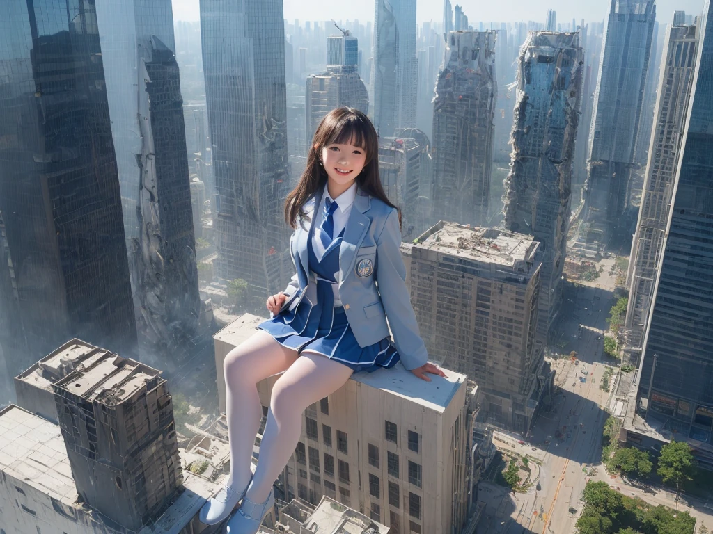 8k, (((Super Giant Girl Art))), Realistic, Ultra HD, ((one girl clones)), one girl is cloning, ((6+girls:1.5)), Big Breasts, Very detailed depiction, (Light blue blazer, Grey tie, Blue mini skirt, White Pantyhose), (Extremely detailed depiction, A high school girl is 100 times taller than a skyscraper, Miniature metropolis, crash micro city, (Super huge feet, destruction, Building Powder々), ((Super huge school girl:1.5)), 2+girls, Full body description), Translucent skin texture, Beautiful Skin, Semi-long hair, Beautiful 16 year old girl, Cute Smile, ((high Top view))