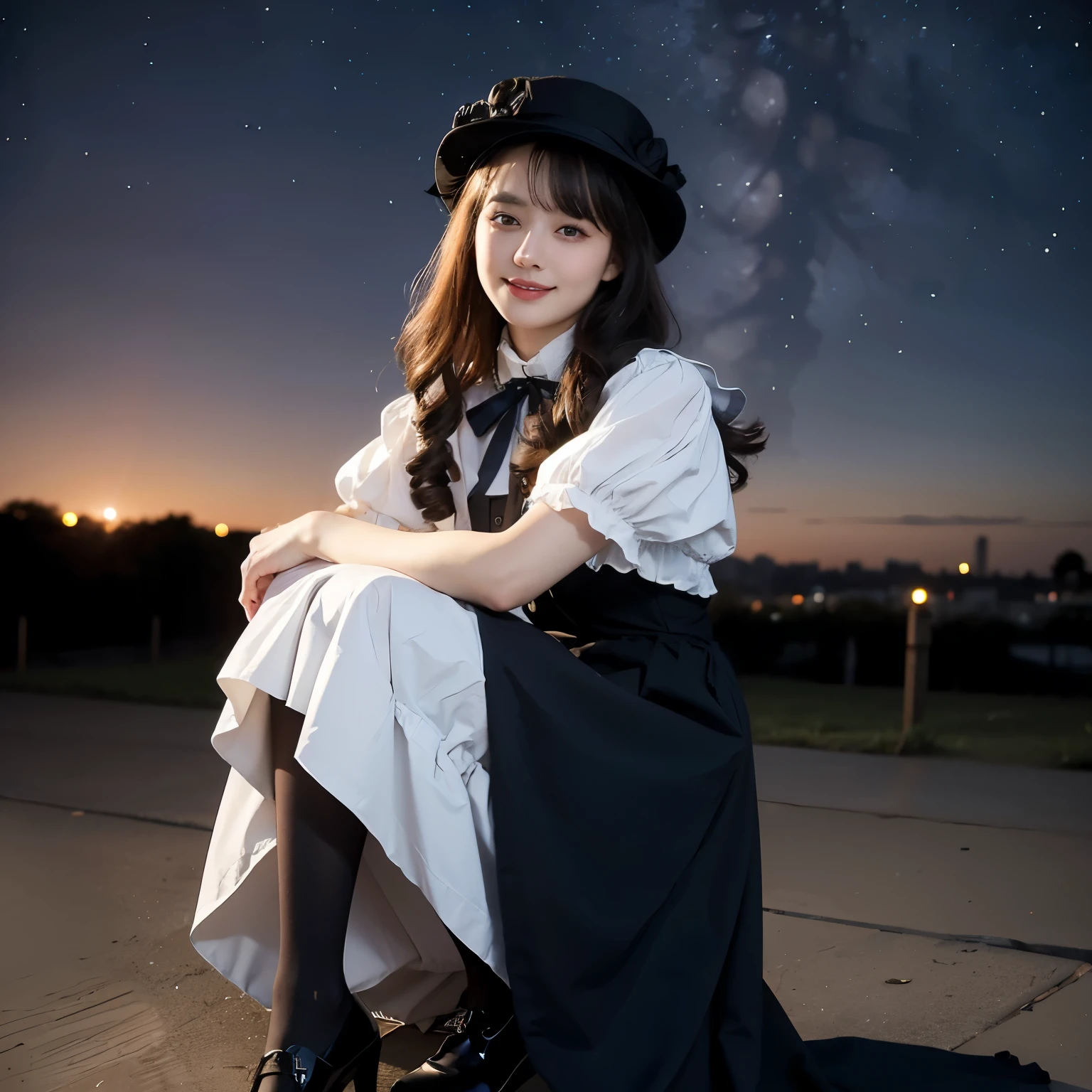 (Highest quality、16K、masterpiece、Ultra-high resolution、Victorian era、Realistic:1.2)、Smiling under the stars, Toddler wearing maid hat with ruby accessories, She wears a white and black gothic maid outfit with a navy blue ribbon. Black Stockings, Black shoes, 、Artistic shading、Perfect Face、Detailed portrait、One woman at 25 years old