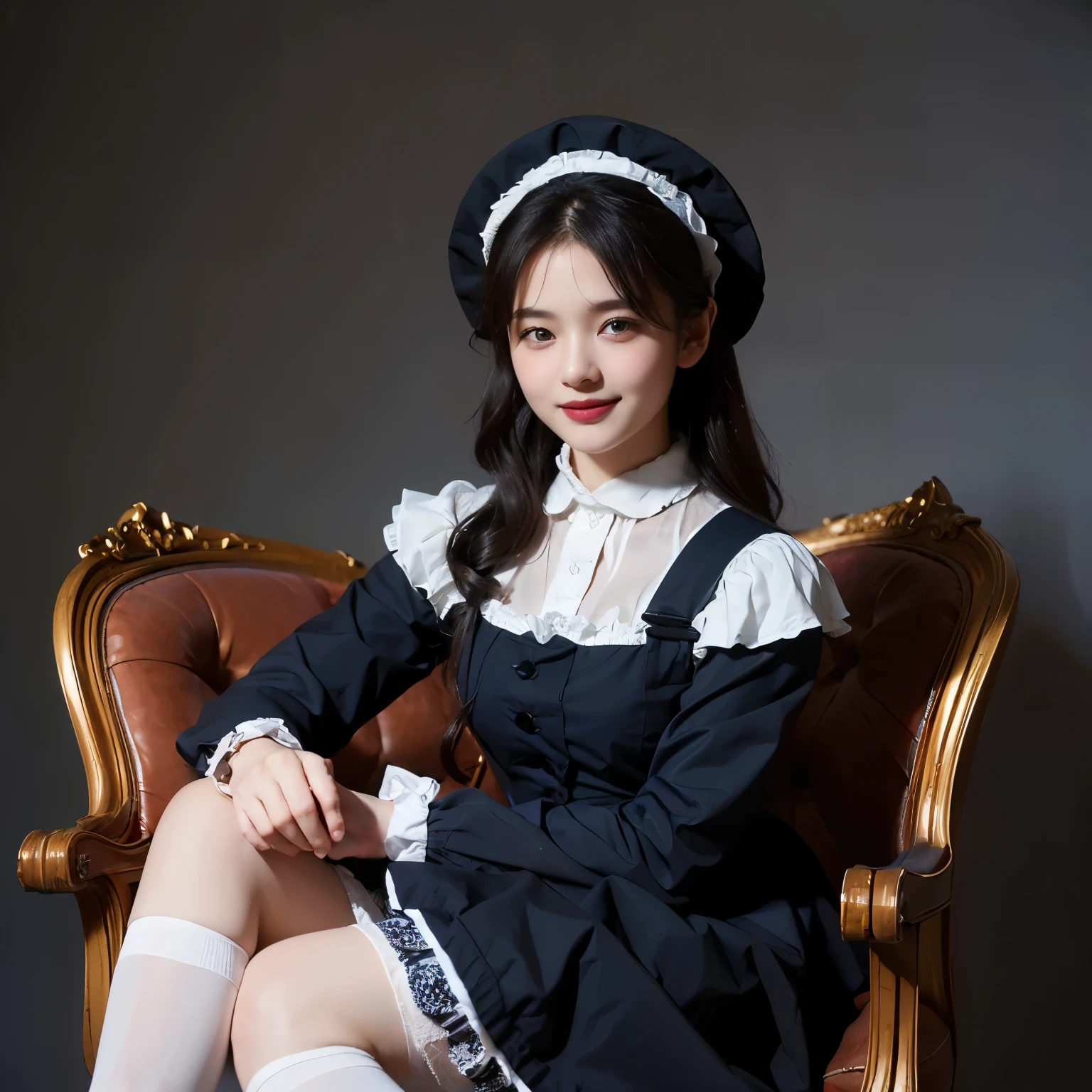 (Highest quality、16K、masterpiece、Ultra-high resolution、Victorian era、Realistic:1.2)、Smiling under the stars, Toddler wearing maid hat with ruby accessories, She wears a white and black gothic maid outfit with a navy blue ribbon. Black Stockings, Black shoes, 、Artistic shading、Perfect Face、Detailed portrait、One woman at 25 years old