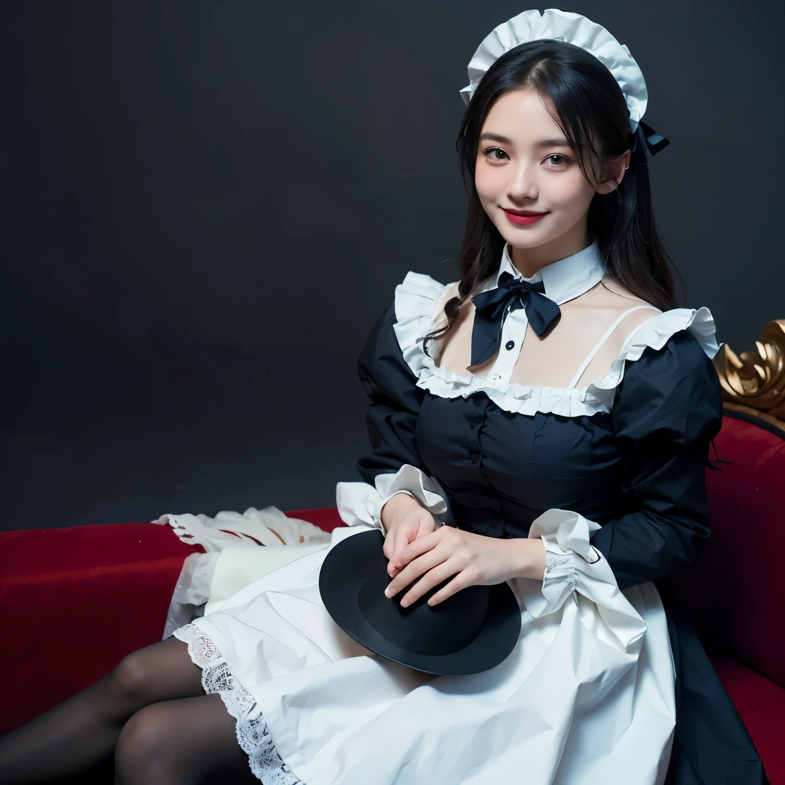 (Highest quality、16K、masterpiece、Ultra-high resolution、Victorian era、Realistic:1.2)、Smiling under the stars, Toddler wearing maid hat with ruby accessories, She wears a white and black gothic maid outfit with a navy blue ribbon. Black Stockings, Black shoes, 、Artistic shading、Perfect Face、Detailed portrait、One woman at 25 years old