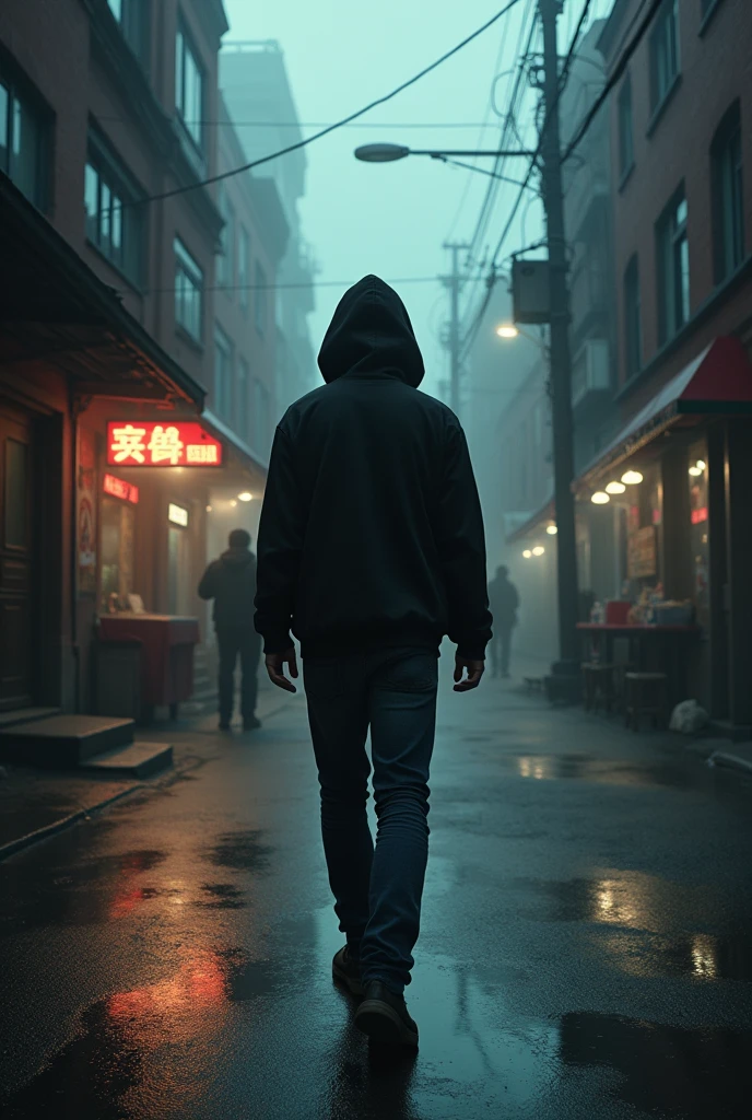 A Young man with a hoodie and slim jeans, walking down a street, in a dark city surrounded by fog and rain, in the evening, with low red bricks buildings, many old shops and cheap restaurants, some people walking around.