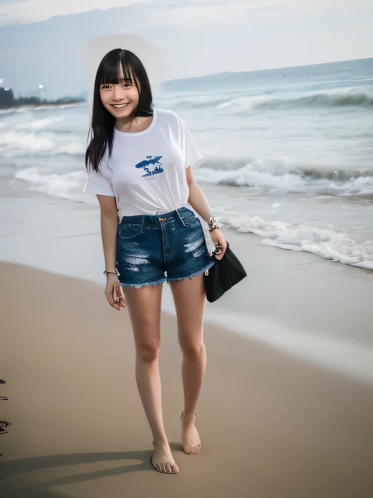 Highest quality,Super detailed,A woman looking at the camera on the beach at Enoshima,Wearing a white T-shirt,Long black denim shorts,Posing for a photo,Distant scenery is blurry