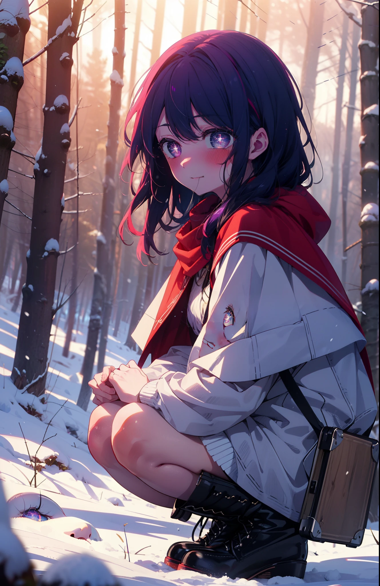 aihoshino, Ai Hoshino, Long Hair, bangs, (Purple eyes:1.1), Purple Hair, (Symbol-shaped pupil:1.5), smile,,smile,blush,white breath,
Open your mouth,snow,Ground bonfire, Outdoor, boots, snowing, From the side, wood, suitcase, Cape, Blurred, , forest, White handbag, nature,  Squat, Mouth closed, Cape, winter, Written boundary depth, Black shoes, red Cape break looking at viewer, Upper Body, whole body, break Outdoor, forest, nature, break (masterpiece:1.2), Highest quality, High resolution, unity 8k wallpaper, (shape:0.8), (Beautiful and beautiful eyes:1.6), Highly detailed face, Perfect lighting, Extremely detailed CG, (Perfect hands, Perfect Anatomy),