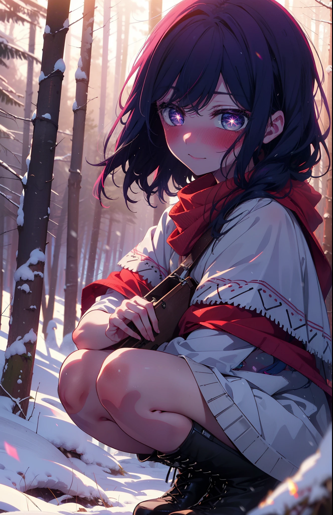 aihoshino, Ai Hoshino, Long Hair, bangs, (Purple eyes:1.1), Purple Hair, (Symbol-shaped pupil:1.5), smile,,smile,blush,white breath,
Open your mouth,snow,Ground bonfire, Outdoor, boots, snowing, From the side, wood, suitcase, Cape, Blurred, , forest, White handbag, nature,  Squat, Mouth closed, Cape, winter, Written boundary depth, Black shoes, red Cape break looking at viewer, Upper Body, whole body, break Outdoor, forest, nature, break (masterpiece:1.2), Highest quality, High resolution, unity 8k wallpaper, (shape:0.8), (Beautiful and beautiful eyes:1.6), Highly detailed face, Perfect lighting, Extremely detailed CG, (Perfect hands, Perfect ???????),