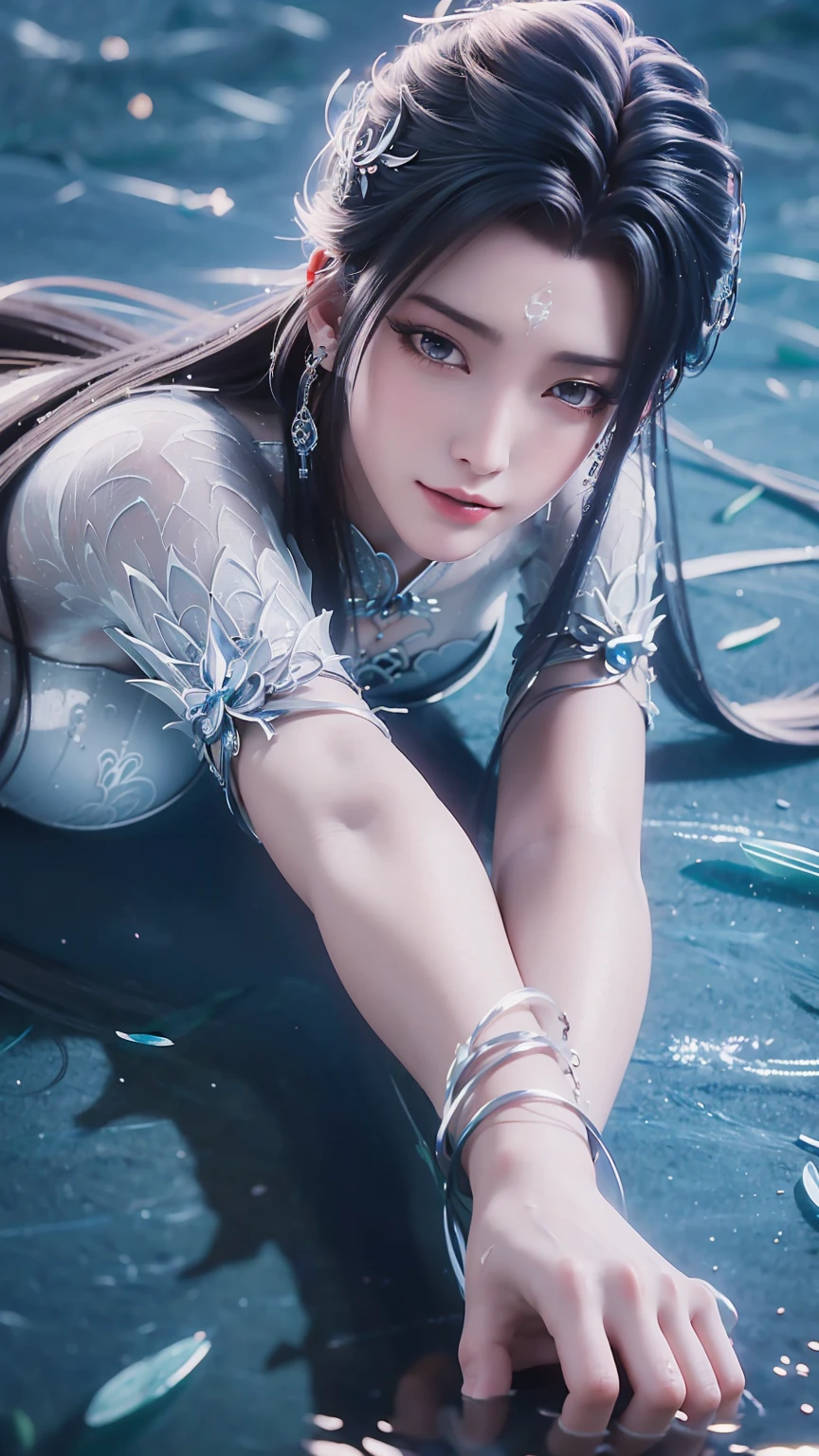 一个穿着连衣裙的女孩躺在Starry Sky下的床上，Exquisite smile，Beautiful and delicate eyes，Beautiful and delicate lips，Extremely detailed face and eyes，Long eyelashes，Full body，Flowing hair，belly button，best quality，excellent work，Super，(Reality:1.4)，RAW photos，(Beautiful face:1.2)，(Lying on the water:1.5)，1 girl，(absurd)，(8k)， (4K)，Octane Rendering，Starry Sky，((Full body view))，barefoot，Cross-legged