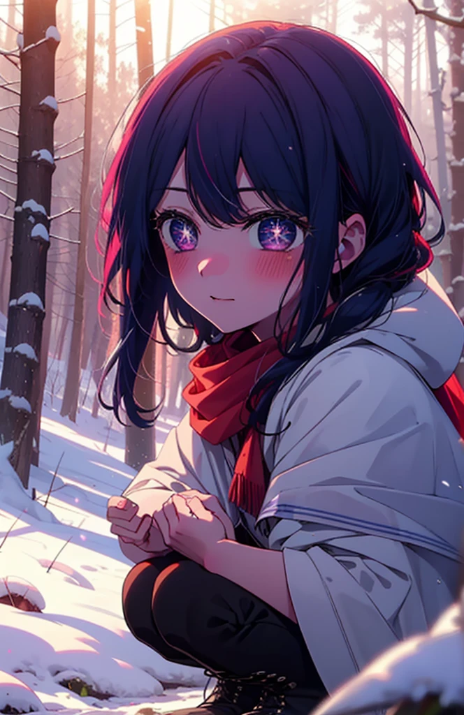 aihoshino, Ai Hoshino, Long Hair, bangs, (Purple eyes:1.1), Purple Hair, (Symbol-shaped pupil:1.5), smile,,smile,blush,white breath,
Open your mouth,snow,Ground bonfire, Outdoor, boots, snowing, From the side, wood, suitcase, Cape, Blurred, , forest, White handbag, nature,  Squat, Mouth closed, Cape, winter, Written boundary depth, Black shoes, red Cape break looking at viewer, Upper Body, whole body, break Outdoor, forest, nature, break (masterpiece:1.2), Highest quality, High resolution, unity 8k wallpaper, (shape:0.8), (Beautiful and beautiful eyes:1.6), Highly detailed face, Perfect lighting, Extremely detailed CG, (Perfect hands, Perfect Anatomy),