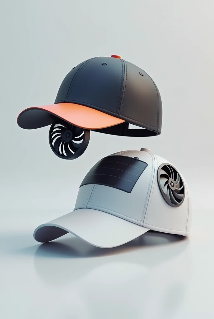 Create A Solar Powered Fan Hat. To describe, The hat changed color if display to heat or uv, It has Solar Powered Fan attached on the top of bill part of the cap which is Detachable and has usb type charging port. Should be a normal cap and the illustration of the cap only. Make it more realistic, the solar should attached to the fan and the fan should be visible