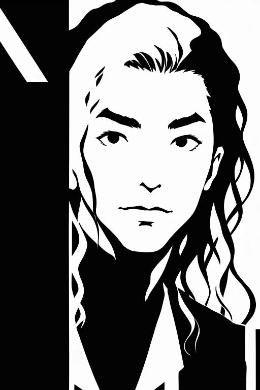 Monochrome、Only black and white、White Background、Black jumpsuit、Grey-haired man、Looking into the camera、