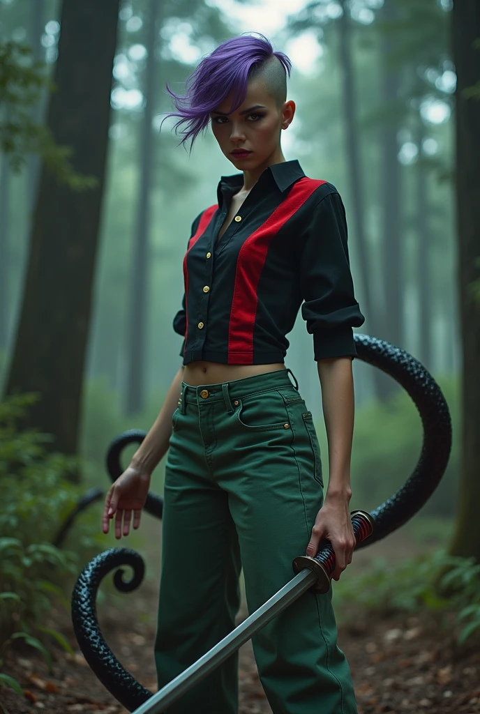 Then, Por favor, create a real photograph of a 17 year old woman, in a pine forest fighting scary black tentacles. She wears a tight black short-sleeved blouse with red stripes ALL OVER THE BLOUSE., dark pastel green pants and red ALL star sneakers. She has red eyes and has short purple hair shaved on the side.. She has a serious expression and a thin sword in her hand..