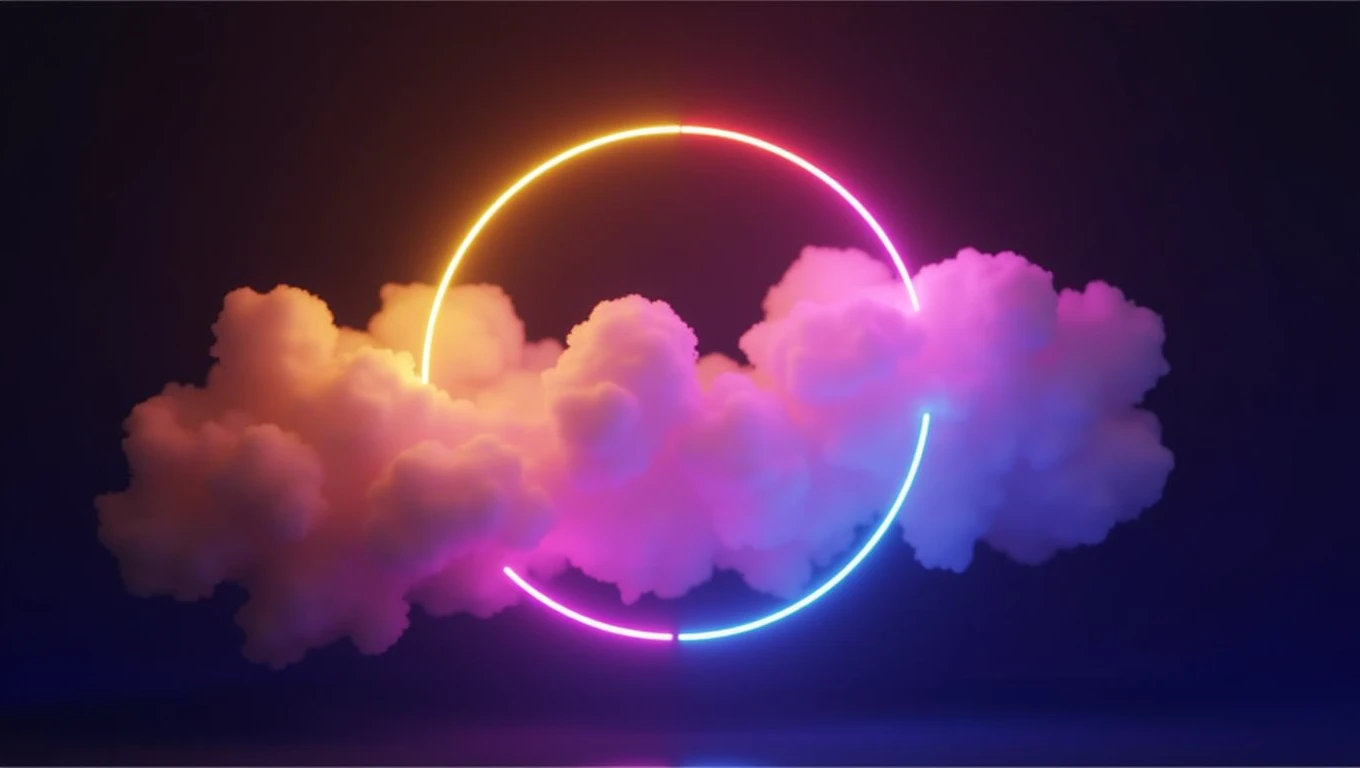3d render, abstract cloud illuminated with neon light ring on dark night sky. Glowing geometric shape, round frame