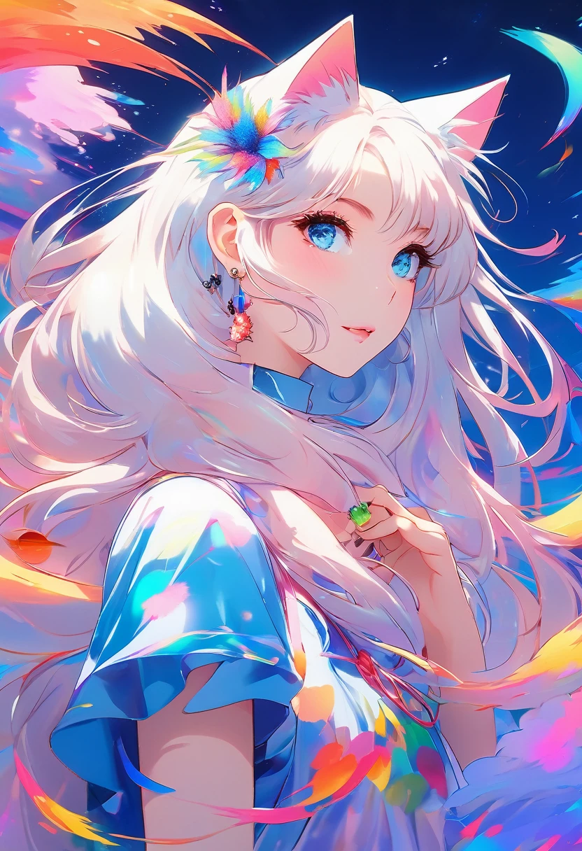 ((masterpiece)), (Very detailed), Cute abstract style, cigarette, In the sky, Colorful and vibrant, Mysterious colors, modern impressionism, Adorable girl holding a white cat,Portrait of Yanjun Chen, Rainbow Perspective ,Low - Angle, Expanding Swirling Configuration, Big beautiful crystal eyes, Big Iris, 超High resolution, High resolution, 8k, The most beautiful portraits in the world, White little cat, Non-expressive, Color and shape, emotional expression, Imaginative,Don MW15pXL