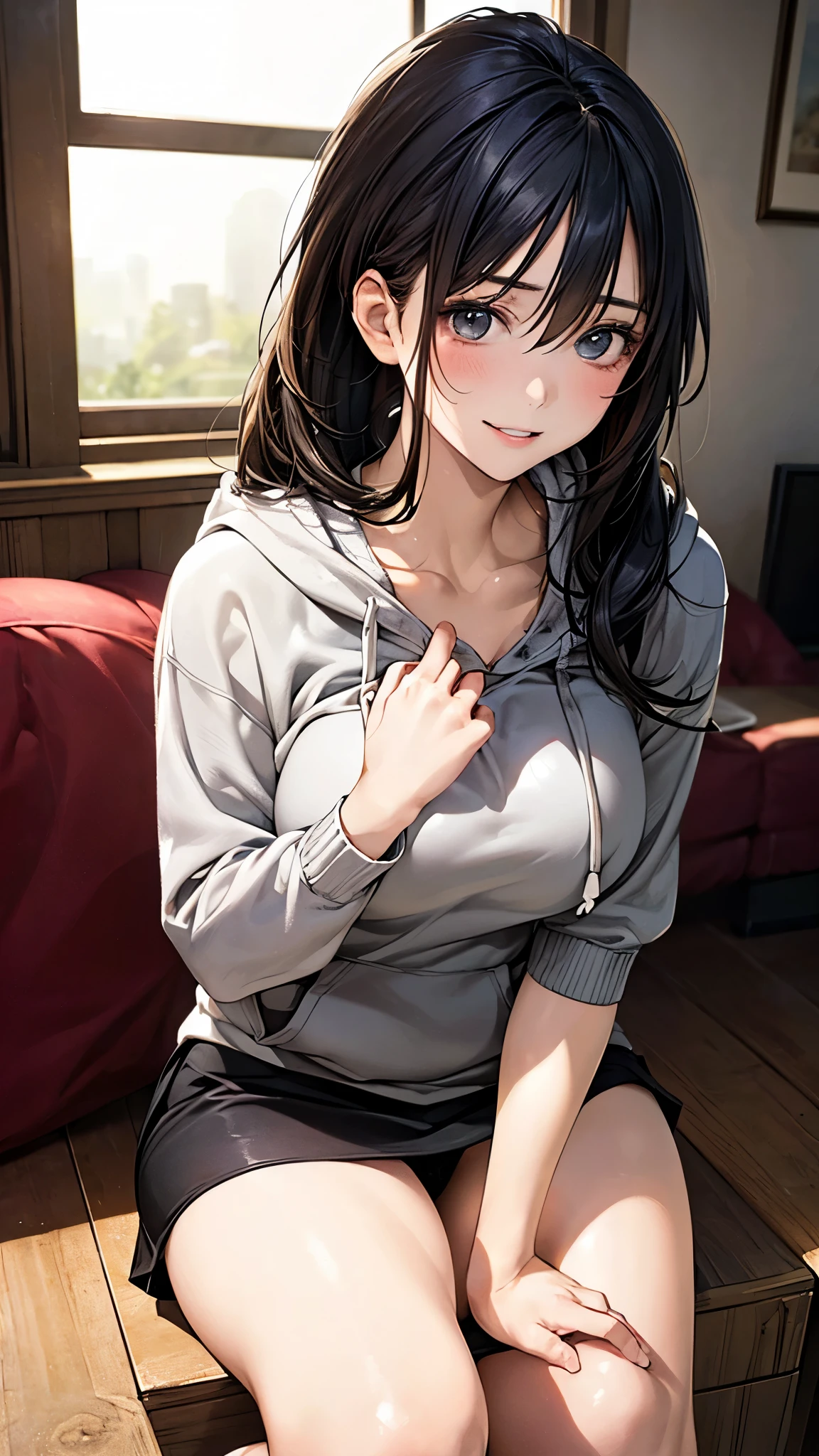 (masterpiece:1.2, highest quality), (realistic photo:1.4), beautiful illustrations, (natural side lighting, movie lighting), 
looking at the viewer, 1 girl, japanese, 15 years old, perfect face, cute symmetrical face, shiny skin, baby face, 
(long hair, high ponytail:1.1, black hair), hair between eyes, grey eye, (large breasts, plump thighs), , break 
beautiful hair, beautiful face, detailed and beautiful eyes, beautiful clavicle, beautiful body, beautiful breasts, beautiful thighs, beautiful feet, beautiful fingers, slender, 
(mini skirt, larger hoodie:1.3), white panties, 
(beautiful scenery), , (living room:1.2), cute pose, (lovely smile, upper eye, parted lips), 