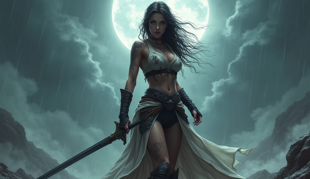 beautiful girl, beautiful breasts, warhammer 40000, sword, beautiful hips, moonlight, thunderstorm, rain, wind, идет