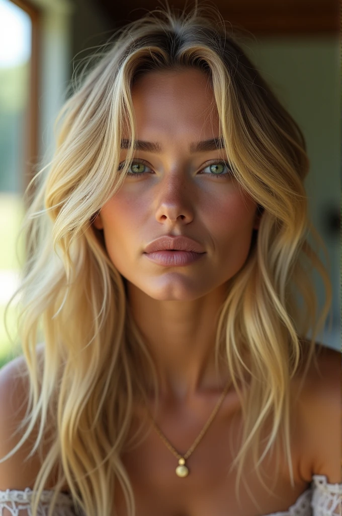 ((Distant shot)) blonde influencer with long, naturally wavy hair, green eyes, sexually, grand , nue , relaxant, calm, extravagant , 8k, extremely detailed, photorealistic, Complicated details, realistic skin texture, realistic hair, texture, happy, 8K UHD, Best quality, high resolution, Attention to details, very large , Distant shot, grand angle
