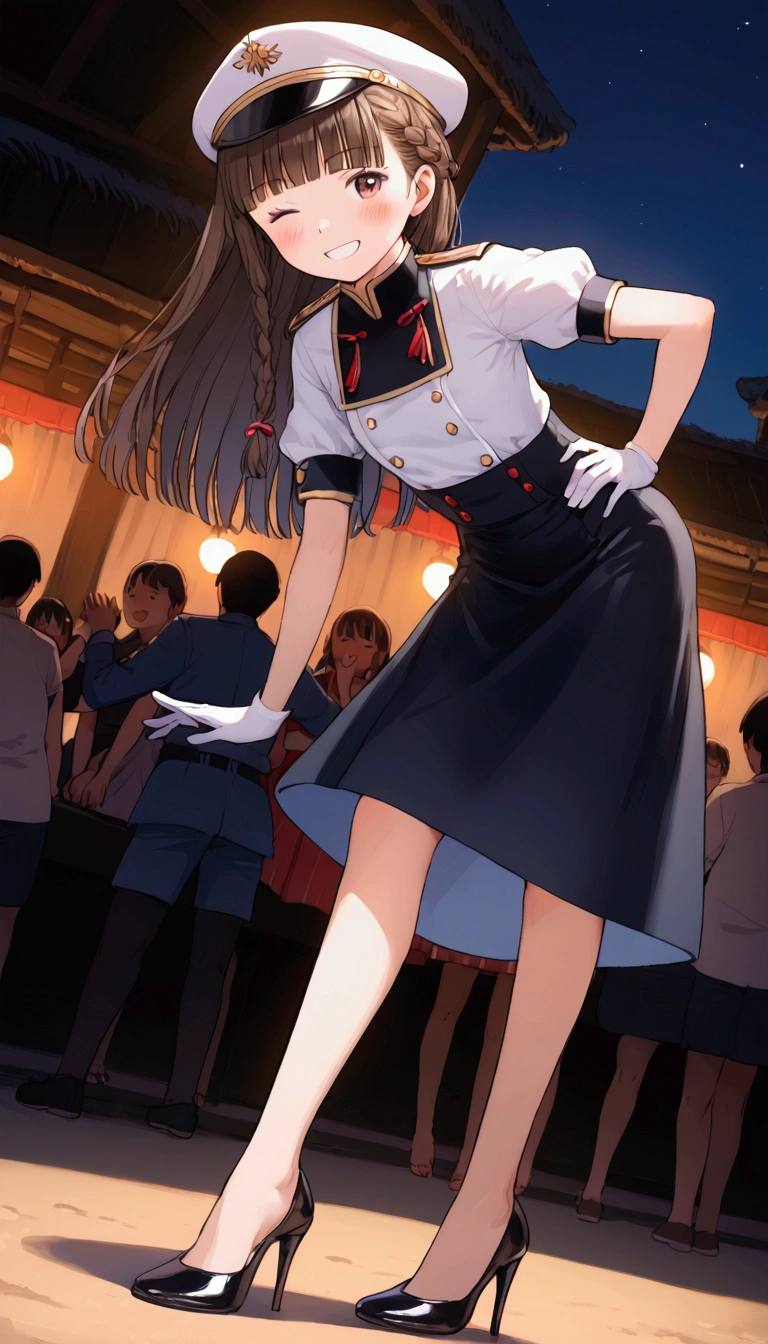 {Highest quality}, {Super beautiful},{Ultra fine},{Best illustration},Brown Hair,Hime cut,long hair,Braid,One woman,Standing Woman,Strike a pose,smile,smilingly,Smile,Wink,Uniform cap,White Shirt,Short sleeve,Long black skirt,White gloves,Summer Festival at Night,Blushing,Slender,Black stiletto heels,barefoot,From an angle,From below,Leaning forward,Put one hand on your hip