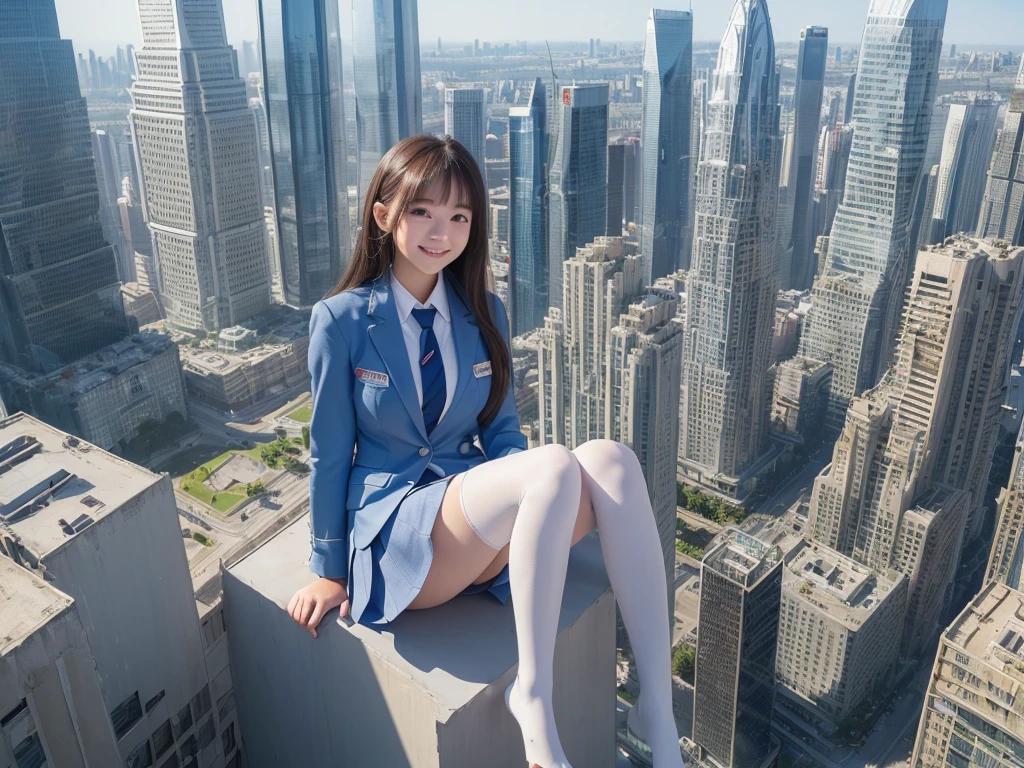 8k, (((Super Giant Girl Art))), Realistic, Ultra HD, ((one girl clones)), one girl is cloning, ((6+girls:1.2)), Big Breasts, Very detailed depiction, (Light blue blazer, Grey tie, Blue mini skirt, White Pantyhose), (Extremely detailed depiction, High school girls are 100 times taller than skyscrapers, Miniature metropolis, crash micro city, (Super huge feet, destruction, Building Powder々), ((Super huge school girl)), 2+girls, Full body description), Translucent skin texture, Beautiful Skin, Semi-long hair, Beautiful 16 year old girl, Cute Smile, ((high Top view))