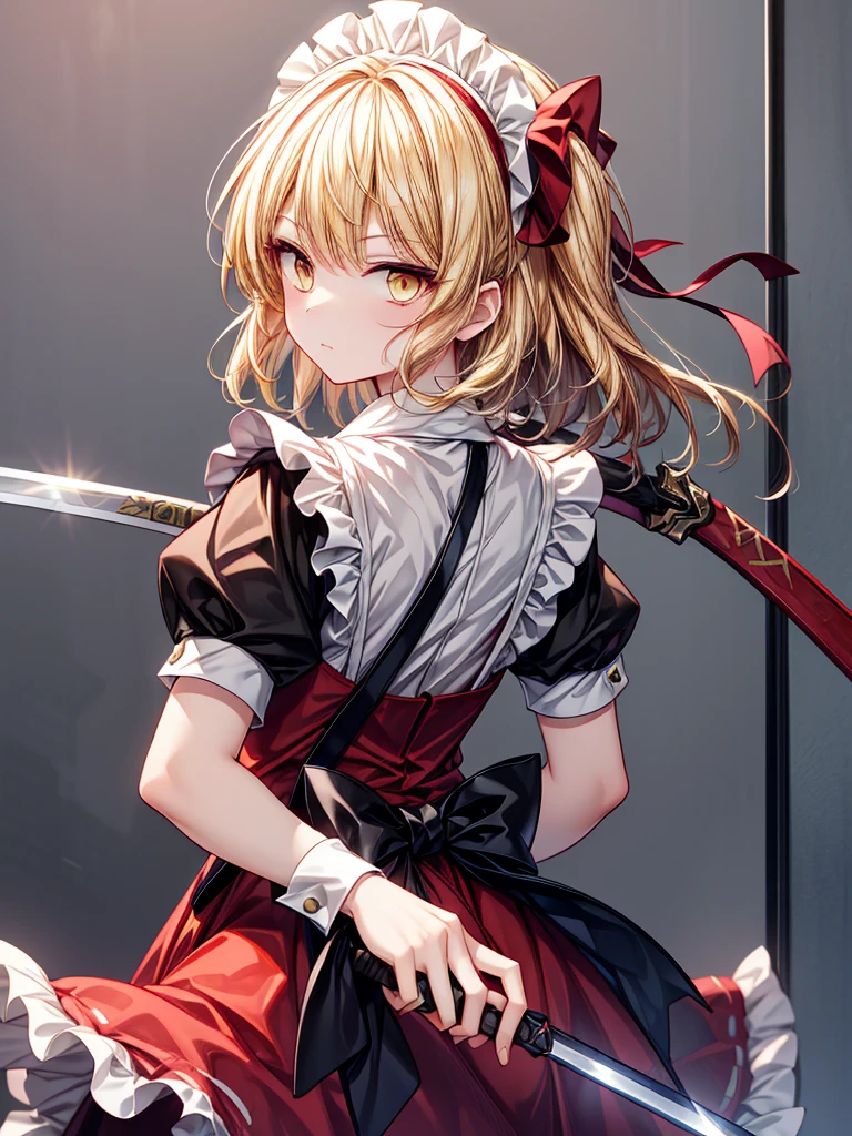 1girl,{{{{yumeko (touhou)}}}}, yellow eyes, blonde hair, long hair, red dress, maid, maid apron, maid headdress, black ribbon, puffy short sleeves, back bow, sword, holding sword, dual wielding