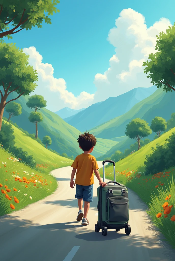  boy who is walking on road and a smart travel bag which follows him  without his help
