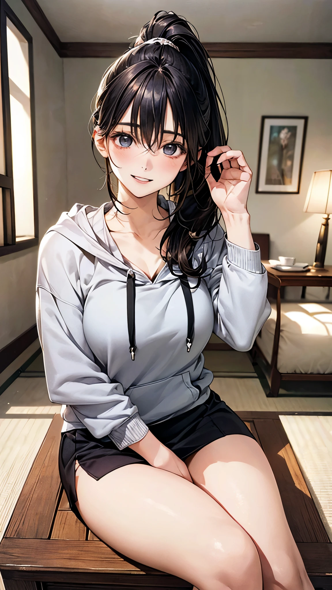 (masterpiece:1.2, highest quality), (realistic photo:1.4), beautiful illustrations, (natural side lighting, movie lighting),
looking at the viewer, 1 girl, japanese, 15 years old, perfect face, cute symmetrical face, shiny skin, baby face,
(long hair, high ponytail:1.1, black hair), hair between eyes, grey eye, (large breasts, plump thighs), , break
beautiful hair, beautiful face, detailed and beautiful eyes, beautiful clavicle, beautiful body, beautiful breasts, beautiful thighs, beautiful feet, beautiful fingers, slender,
(mini skirt, larger hoodie:1.3), white panties,
(beautiful scenery), , (living room:1.2), cute pose, (lovely smile, upper eye, parted lips),