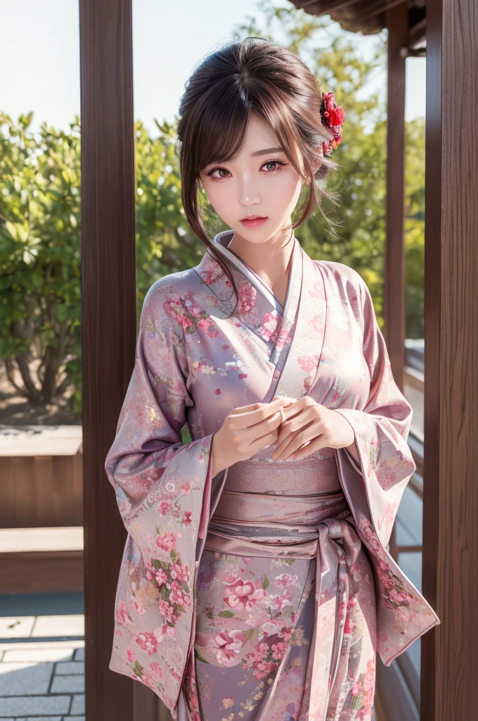 (Best quality, 8k, 32k, Masterpiece, UHD,:1.2), Japanese woman, ultra-detailed face, detailed eyes, highly detailed lips ,dark brown hair, slender figure, upper body, natural lighting,yukata
