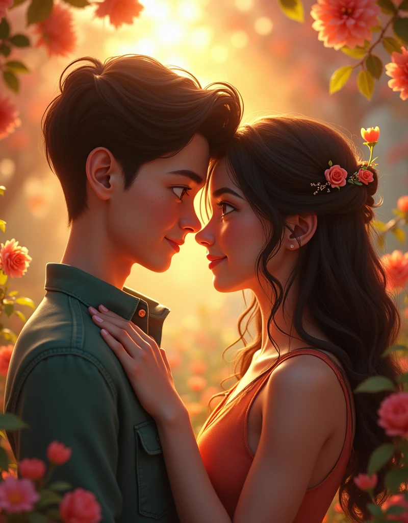 a boy loving a girl, in the style of unreal engine 5 art style, Glitter, romantic love story, intimate moment, tender embrace, soft lighting, warm tones, beautiful detailed eyes, lush garden, blooming flowers, serene atmosphere, cinematic composition, photorealistic, high resolution, masterpiece, highly detailed, sharp focus, realistic skin textures, dynamic poses, emotive expressions, seamless integration, vibrant colors, natural lighting, cinematic depth of field, ethereal ambiance