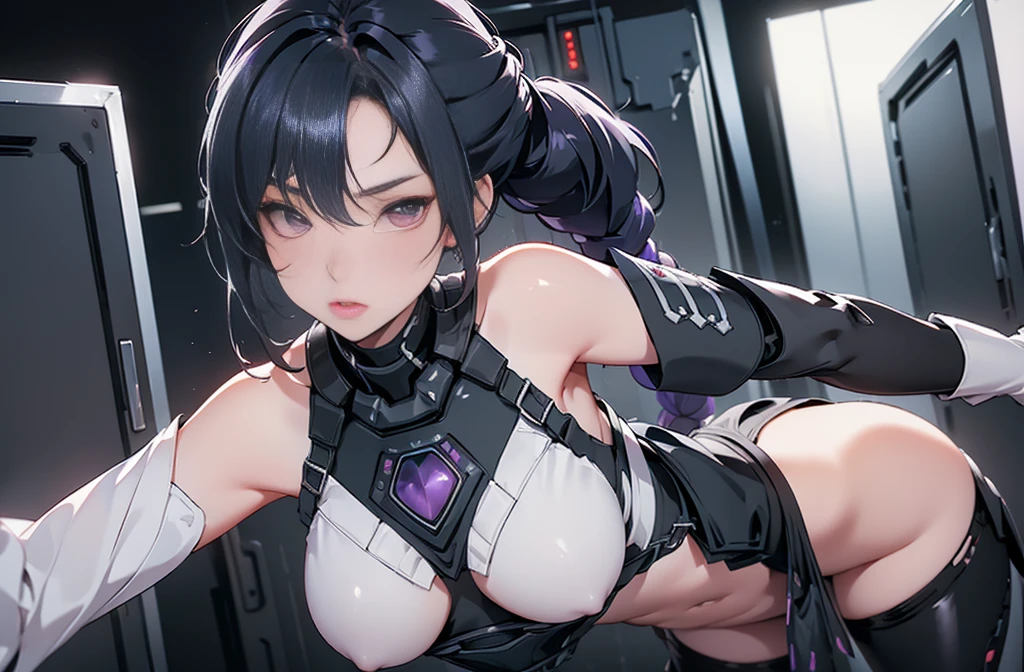 ((Masterpiece, top quality, high resolution)), ((highly detailed CG unified 8K wallpaper)), (huge stunning goddess shot, very hot and sexy, jaw-dropping beauty, perfect proportions, beautiful body, slim body beauty:1.1), cryptic girl, (2 Girls ,Black clothes, White clothes, Black short Hair, purple long hair, fight side by side), (A girl with long purple hair in a braid and short black hair), biomechanical oppai, cybersuits, wearing shiny breastplate, shiny plastic armor, oppai cyberpunk, twintails white_gloves, shiny hi tech armor, black-white skintight suits, wearing techwear and armor, black shiny armor, Armor on bare skin, long gloves, Bare shoulders, black miniskirt, thighs, shiny armor, dynamic pose. two girls hugging in locker room,