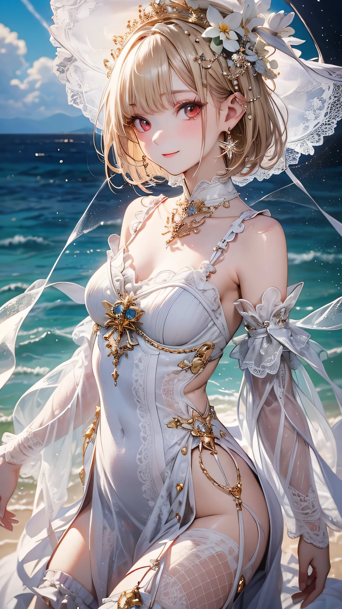 (masterpiece), ((Highest quality)), (Very detailed), ((very delicでe and beautiful)), (Unbelievably absurd))), (Perfect body))), 1 girl, Glowing White Particles, Blonde Bob, Red eyes, , Outdoor, null, Aura full body, White Tread Dress, Exposing shoulders, A small smile, Ocean + background, Wind, Earrings, Watching the audience, Cowboy Shot, Rich details, Perfect image quality