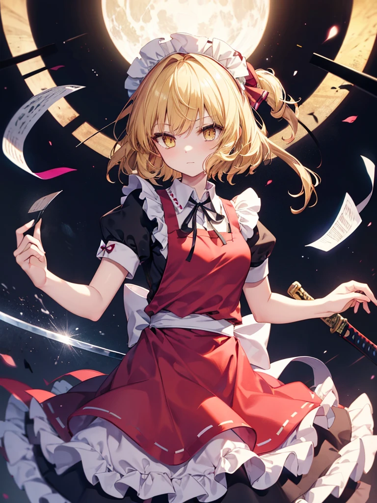 1girl,{{{{yumeko (touhou)}}}}, yellow eyes, blonde hair, long hair, red dress, maid, maid apron, maid headdress, black ribbon, puffy short sleeves, back bow, sword, holding sword, dual wielding