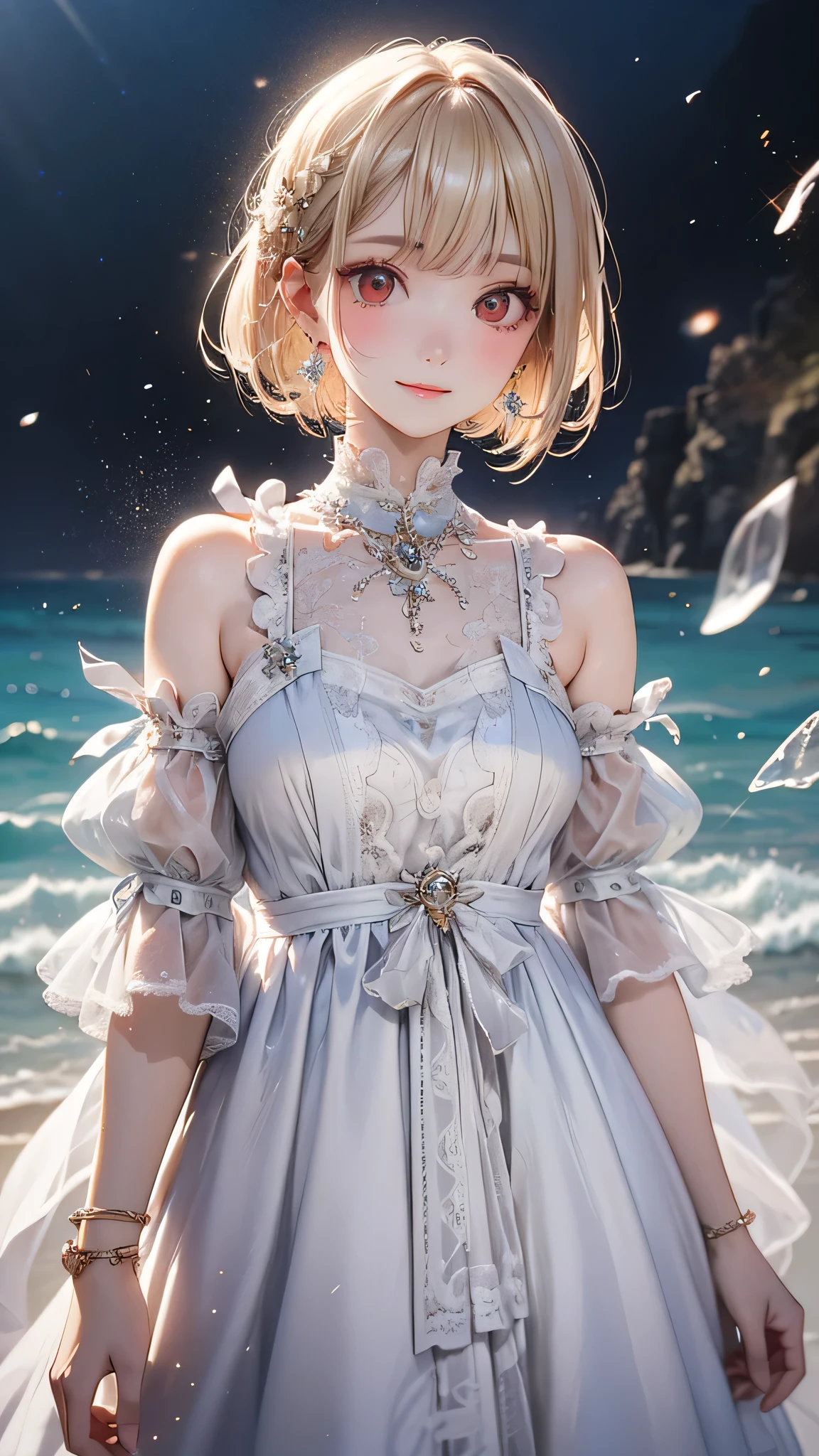 (masterpiece), ((Highest quality)), (Very detailed), ((very delicでe and beautiful)), (Unbelievably absurd))), (Perfect body))), 1 girl, Glowing White Particles, Blonde Bob, Red eyes, 17 years old, Outdoor, null, Aura full body, White Tread Dress, Exposing shoulders, A small smile, Ocean + background, Wind,   Earrings, Watching the audience, Cowboy Shot, Rich details, Perfect image quality