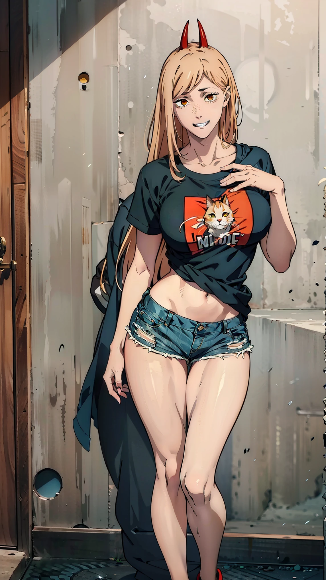 ultra sharp image, beautiful figure, beautiful, full length (full body 1.1.), slender legs, buttocks, Wasp waist, erotica, sexy pose, Mouth open in a smile, sharp teeth, laughing, yellow eyes, ultra detailed face, Ultra transparent, Chainsaw Man Energy, Two red sharp horns on the head, ultra sharp image, very beautiful, long hair, blonde, beautiful figure, tight clothes, T-shirt with the image of a cat, denim shorts, shoes, Red crosses and circles instead of pupils, Beautiful body, sexy clothes, Beautiful eyes, very detailed eyes, Very detailed face, Beautiful body, Chereter Design, Very detailed, detailed body, detailed hands, detailed, bright, detailed Face, sharp focus, clap, Artgerm, anime art, bright, detailed Face, Hugh Details, sharp focus, Very downcast face, detailed eyes, Super lovely illustration, best shadow, finely detail, beautiful detail