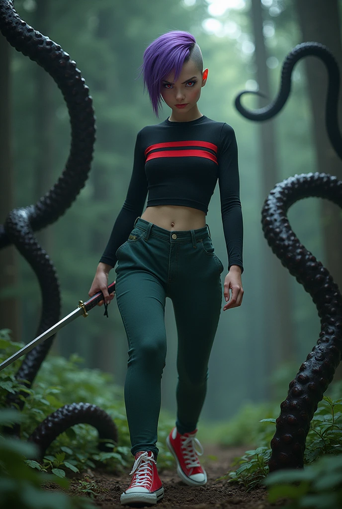 Then, Por favor, create a real photograph of a 17 year old woman, in a pine forest fighting scary black tentacles. She wears a tight black blouse with red stripes ALL OVER THE SHORT SLEEVED BLOUSE, dark pastel green pants and red ALL star sneakers. She has red eyes and has short purple hair shaved on the side.. She has a serious expression and a thin sword in her hand..