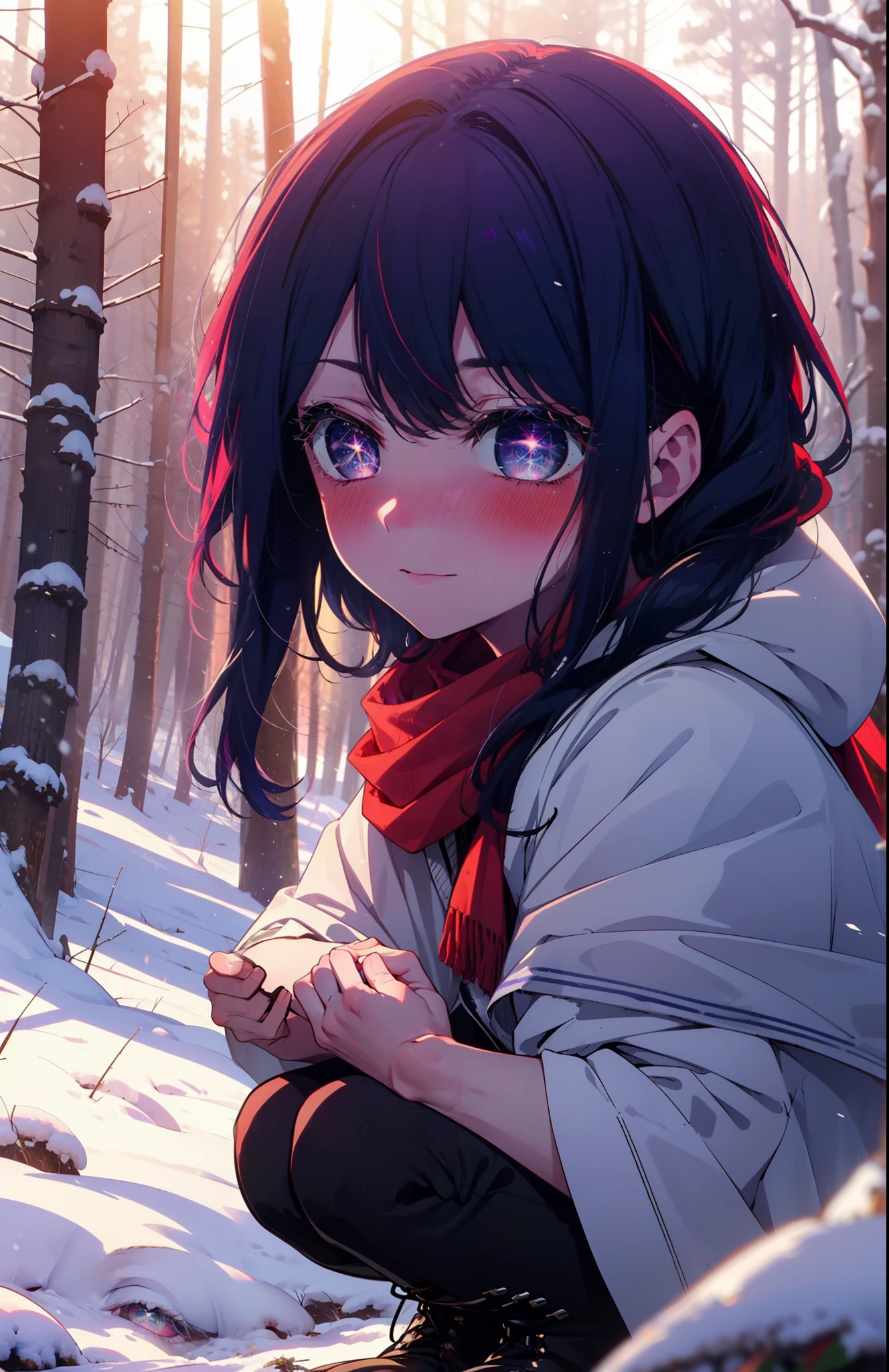 aihoshino, Ai Hoshino, Long Hair, bangs, (Purple eyes:1.1), Purple Hair, (Symbol-shaped pupil:1.5), smile,,smile,blush,white breath,
Open your mouth,snow,Ground bonfire, Outdoor, boots, snowing, From the side, wood, suitcase, Cape, Blurred, , forest, White handbag, nature,  Squat, Mouth closed, Cape, winter, Written boundary depth, Black shoes, red Cape break looking at viewer, Upper Body, whole body, break Outdoor, forest, nature, break (masterpiece:1.2), Highest quality, High resolution, unity 8k wallpaper, (shape:0.8), (Beautiful and beautiful eyes:1.6), Highly detailed face, Perfect lighting, Extremely detailed CG, (Perfect hands, Perfect ???????),