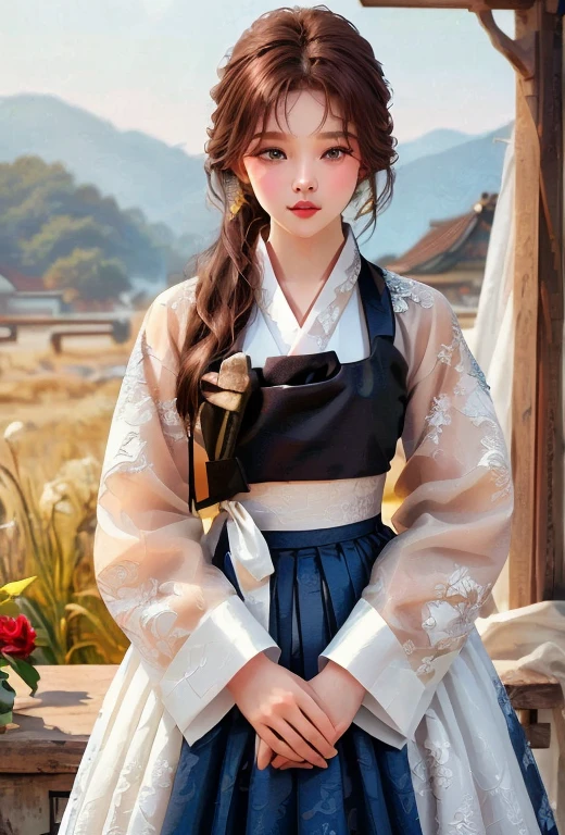 (finely detailed beautiful eyes and detailed face, masterpiece sidelighting, masterpiece, best quality, detailed, High resolution 8k stock photos),, (1 woman, whole body, pretty girl, glowing skin, looking down, looking at viewer),, (Brown hair, blue eyes), (red korean clothes_Very detailed and delicate description, Summer Hanbok), (dressed up_Underbust:1.2),