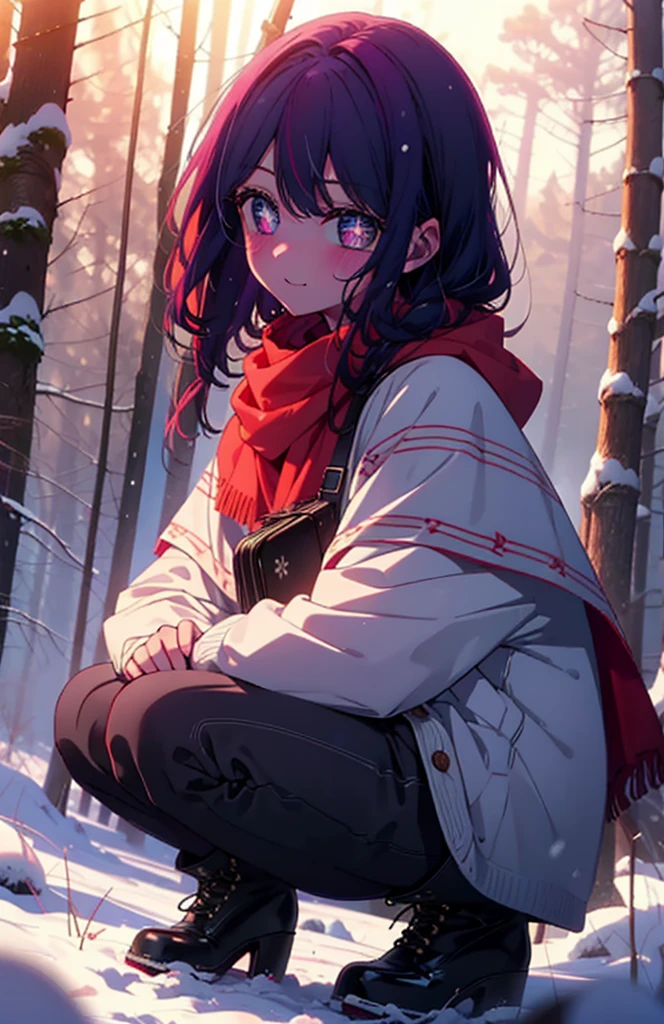 aihoshino, Ai Hoshino, Long Hair, bangs, (Purple eyes:1.1), Purple Hair, (Symbol-shaped pupil:1.5), smile,,smile,blush,white breath,
Open your mouth,snow,Ground bonfire, Outdoor, boots, snowing, From the side, wood, suitcase, Cape, Blurred, , forest, White handbag, nature, Squat, Mouth closed, Cape, winter, Written boundary depth, Black shoes, red Cape break looking at viewer, Upper Body, whole body, break Outdoor, forest, nature, break (masterpiece:1.2), Highest quality, High resolution, unity 8k wallpaper, (shape:0.8), (Beautiful and beautiful eyes:1.6), Highly detailed face, Perfect lighting, Extremely detailed CG, (Perfect hands, Perfect Anatomy),