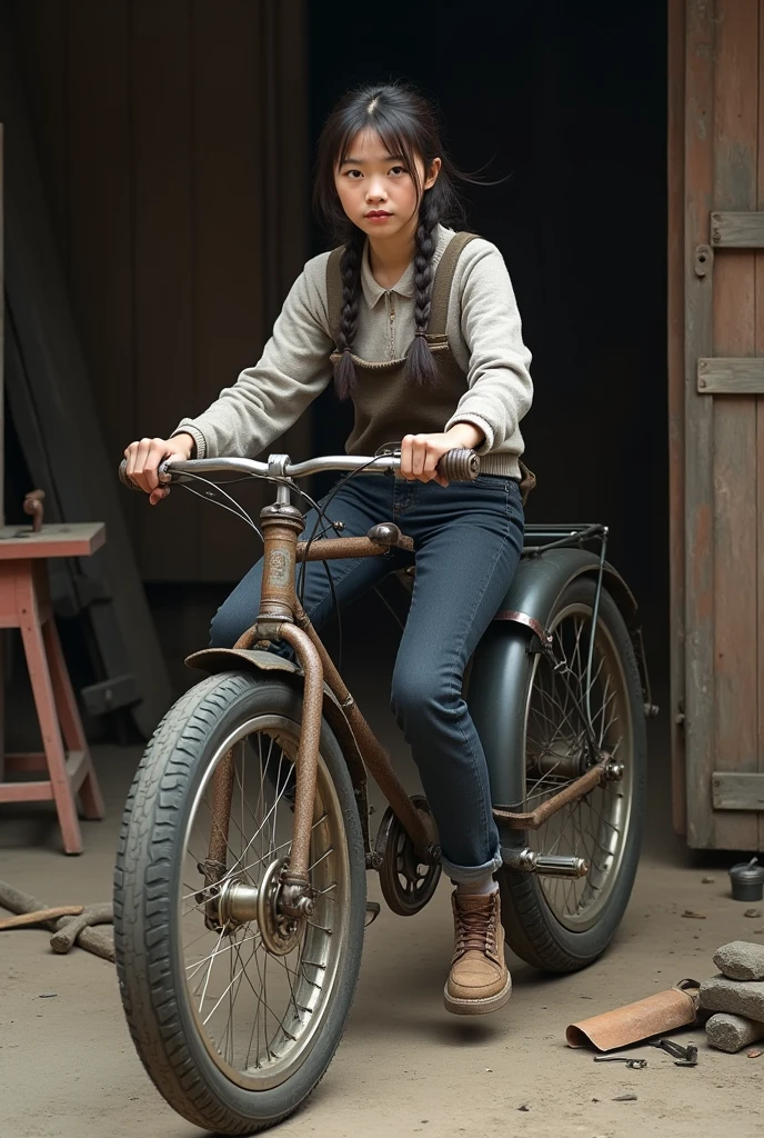 A 20-year-old girl from North Korea made a three-tire bike