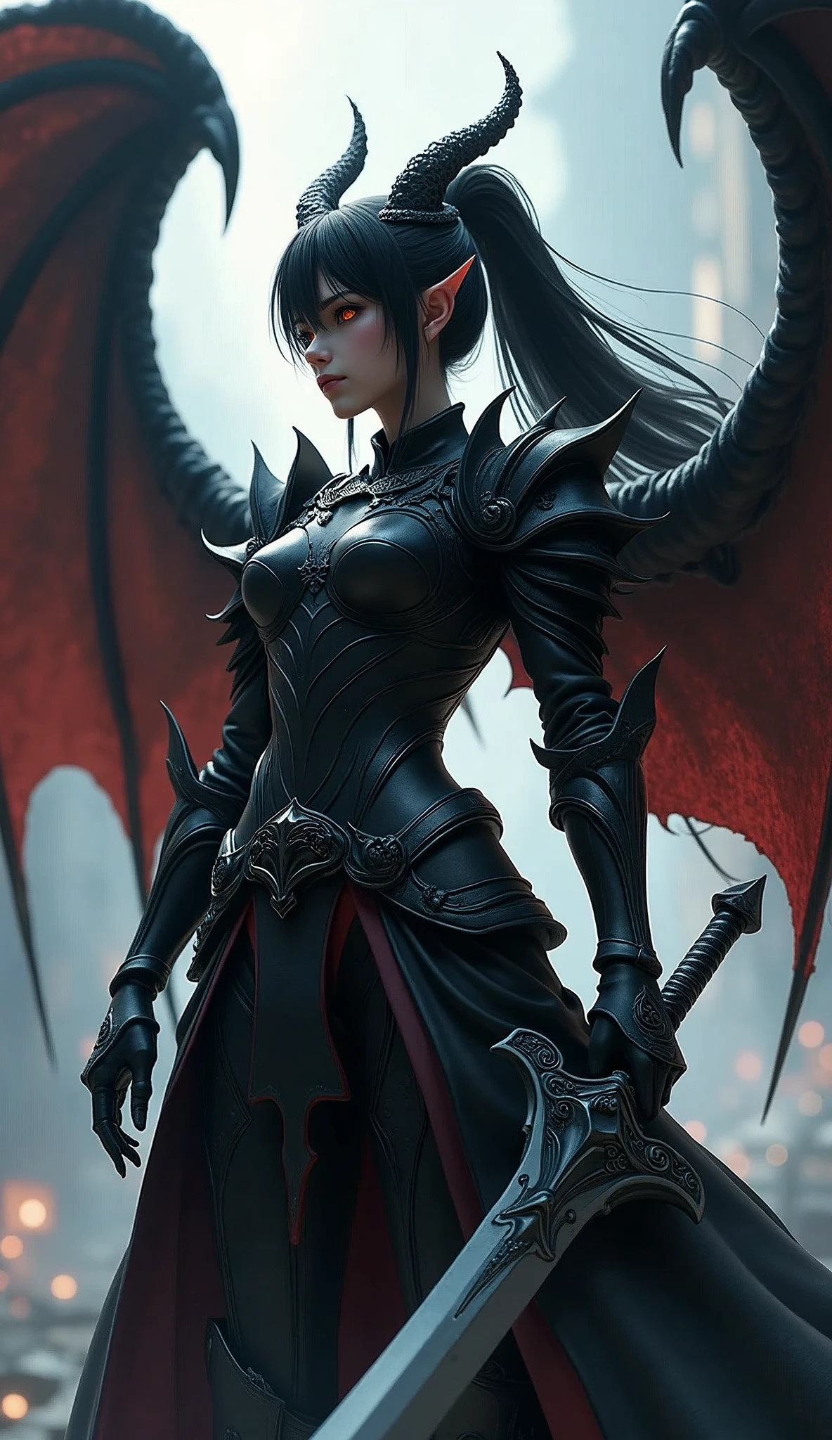 Anime Girl,Pitch-black armor,dragon shaped helmet,He holds a huge two-handed sword with a dragon carved on it.,whole body,Panoramic lens,The folded devil wings wrap themselves,Glowing eyes,Unbelievably long hair,High Ponytail,From below,from the side,Looking at the audience,Motion Blur,Background blur,