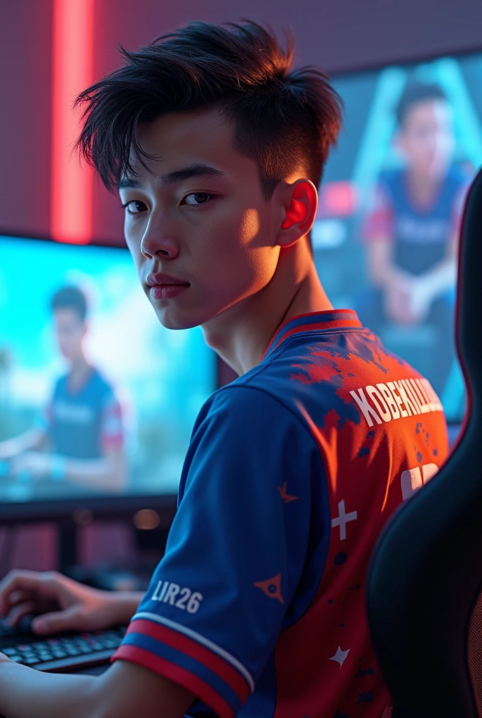 A young man gamer wearing esports jersy with a name of "Kobekillua26" at the back