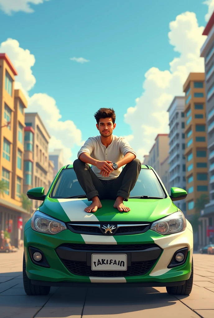 One boy 18 years old wearing pent cort sitting on corolla grande car bonnet.
Car's color green and white as like pakistan flag.
There are many building in 
Background 