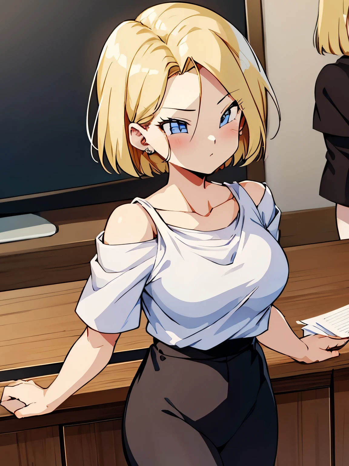 He saw,Android 18,Tabletop, Highest quality,shape, wallpaper, Very detailed, Absurd beauty、(night、Dark Room)、((Two Girls、16 years old))、(((kiss)))、(blonde、Medium Hair、short hair、Very large breasts)、close your eyes、White T-shirt、Off the shoulder、Shyness