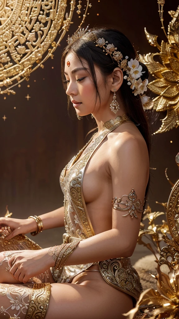 A mesmerizing and intricate digital artwork featuring the Buddha Prince Siddhattha in shades of white, gold and silver, surrounded by intricate swirling patterns based on mythological motifs and sparkling stars. The background is a rich gradient of deep red that enhances the shimmering flowers. The design showcases delicate textures and pattern elements, creating a harmonious blend of elegance and mystery, reminiscent of traditional Asian art combined with a modern twist. The high resolution, vibrant colors and intricate details make it perfect for stunning visuals.