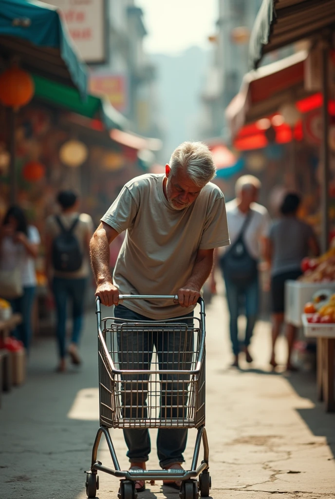 a person who's pushing a regular trolley then having a back pain in the public market and only trolley no basket