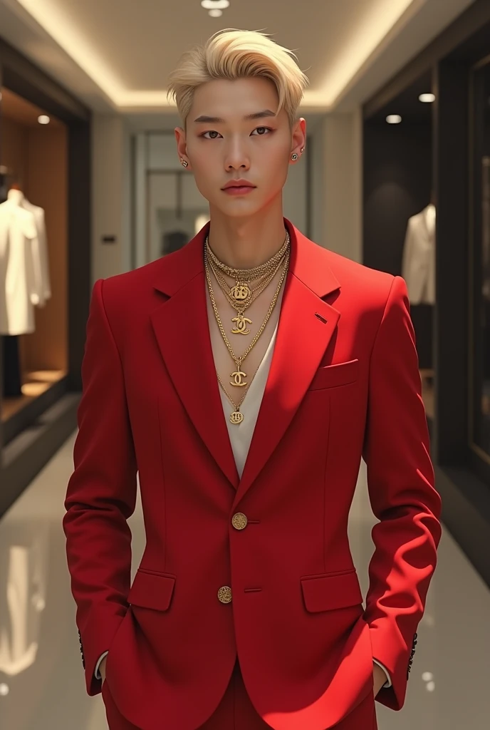 blonde korean man, Delicate Appearance , with several Chanel necklaces, he is inside a store, shorth hair, in a red suit