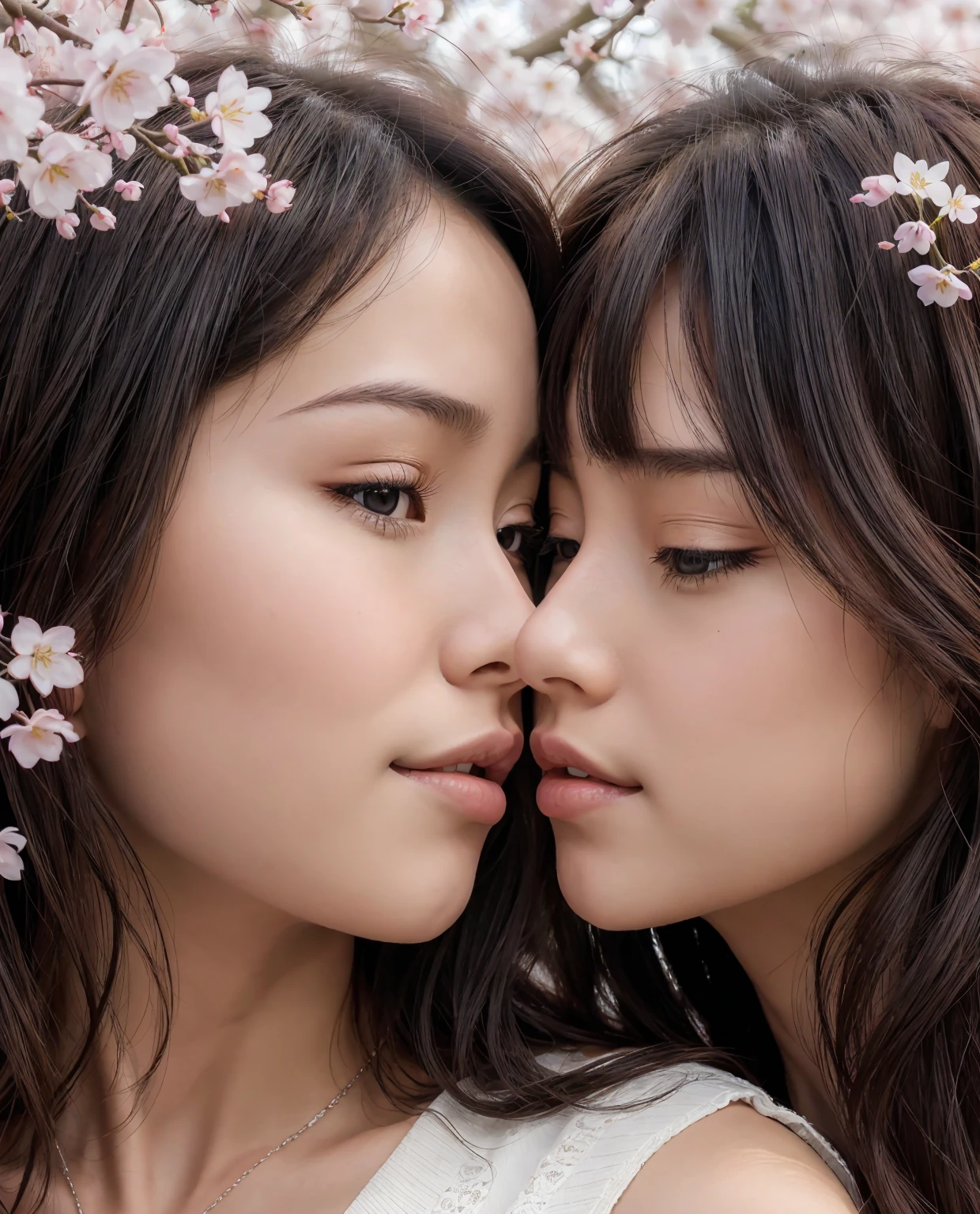 (masutepiece, Digital Art, Digital Illustration, 4K, 8K, Ultra-detailed, beautiful image, Sharp Image, Photorealistic, Raw photo, Perfect face, Perfect lines, Perfect eyes, Soft lighting) , a couple, 1 girl 1 boy, Hair color is different, Medium brown hair and brown eyes, Short black hair and gray eyes, Romance, Lie on the ground, See the cherry blossoms、the kiss、Kissing、couple kissing、a couple、Lip touch