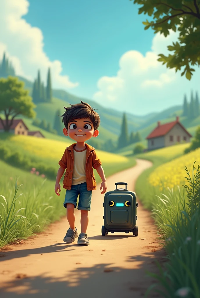 boy who is walking on road and a smart travel bag which follows him without his assistance