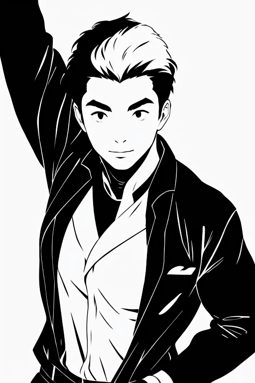 Monochrome、Only black and white、White Background、Man in black jumpsuit、Looking into the camera、