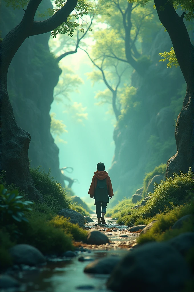 Make me a ai video of someone walking through a forest filled with stylized trees and stylized rocks etc