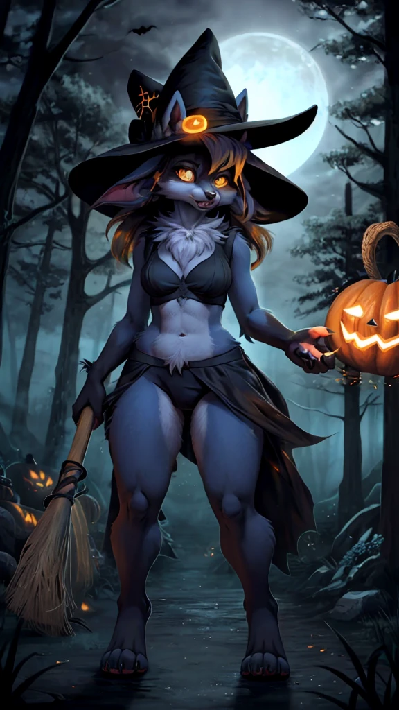 photorealestic, detailed background, spooky forest, foggy night, Full moon illuminates the scene, outside, Halloween-Thema, hanging bats, female Lucario character standing, (elegant and curvy figure), (smooth blue fur), (striking yellow eyes:1.2), Claw paws, pink paw pads, long pointed ears, (Sharp fangs:1.1), frightening yet seductive aura, She is wearing a Halloween costume(decorated with orange and black colors), (sparkling witch hat on the head), (magic broom in hand), determined expression